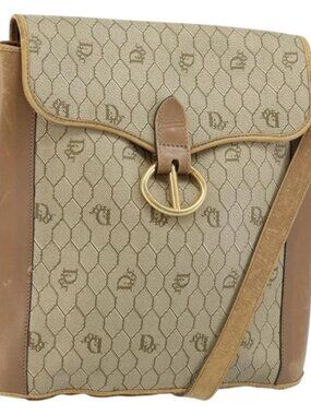 Authentic Christian Dior Honeycomb Canvas Shoulder Bag PVC Leather Beige Gold